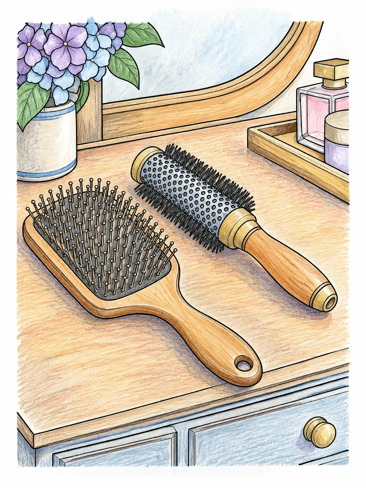 Colored example of the Paddle And Round Styling Brushes coloring page