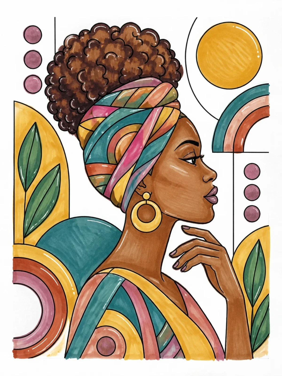 Colored example of the Woman With Headwrap And Curly Puff coloring page