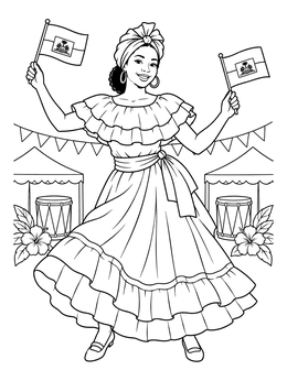 A festive Haitian flag day coloring page featuring a dancer holding flags at an outdoor festival.