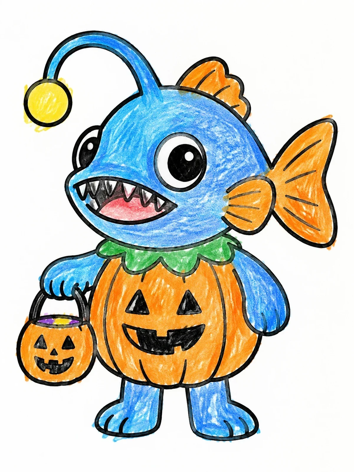 Colored example of the Halloween Anglerfish In Pumpkin Costume coloring page