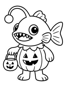 A cute angler fish coloring page featuring a cartoon fish dressed as a pumpkin holding a candy bucket.