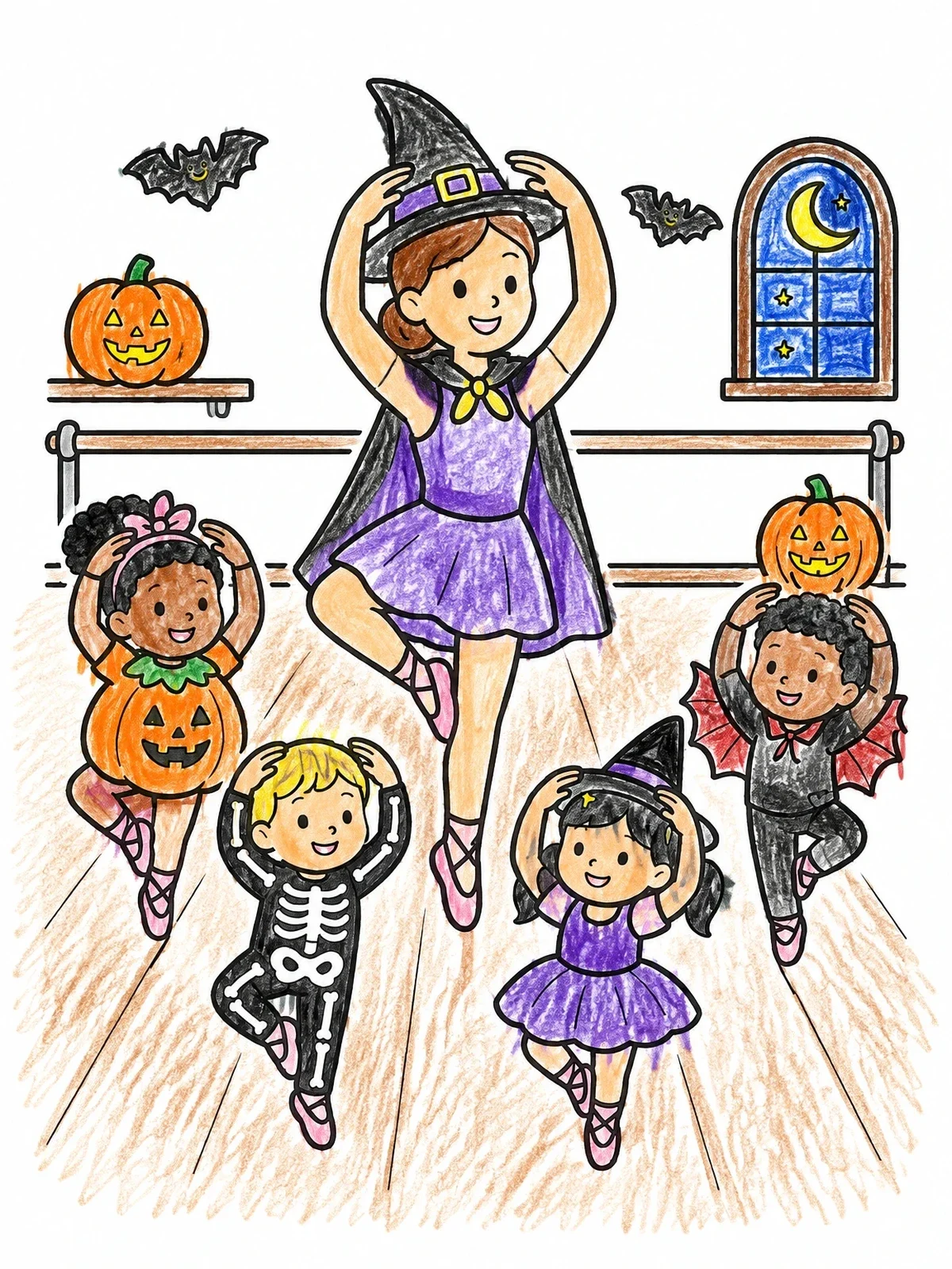Colored example of the Halloween Ballet Class With Teacher coloring page