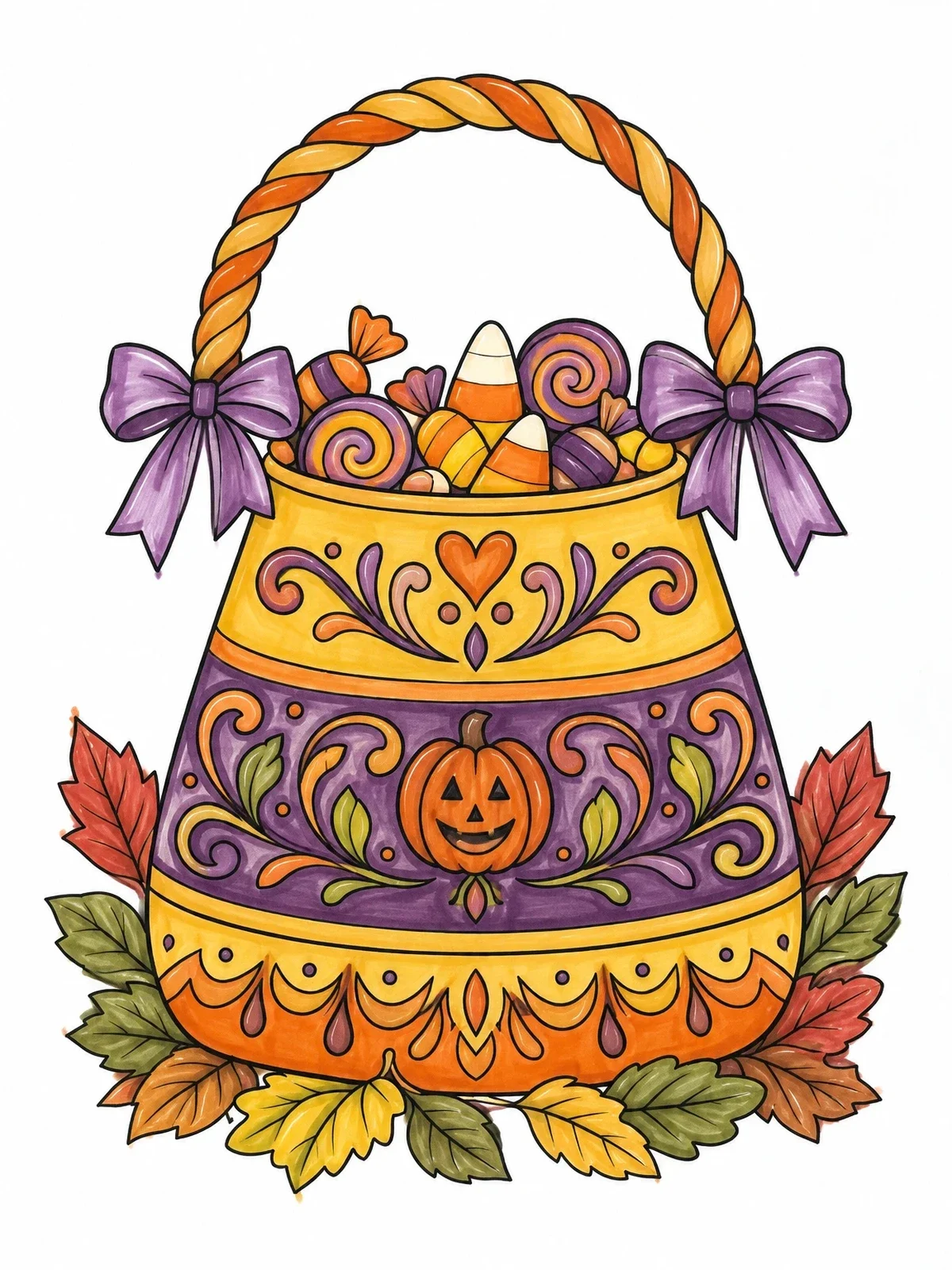 Colored example of the Halloween Basket With Candy Corn And Treats coloring page