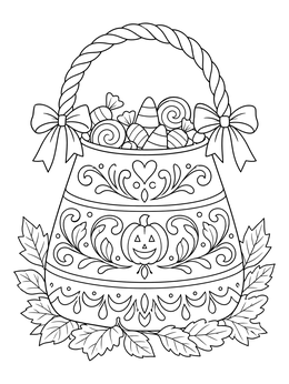 An ornate Halloween basket filled with sweets on this candy corn coloring page.