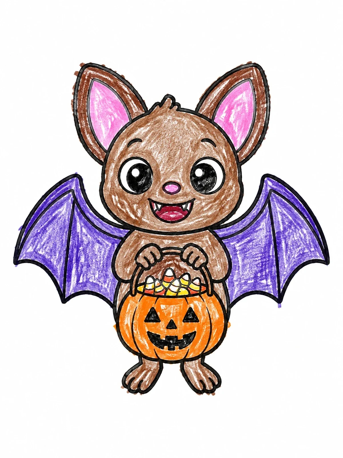 Colored example of the Cute Baby Bat With Pumpkin Basket coloring page