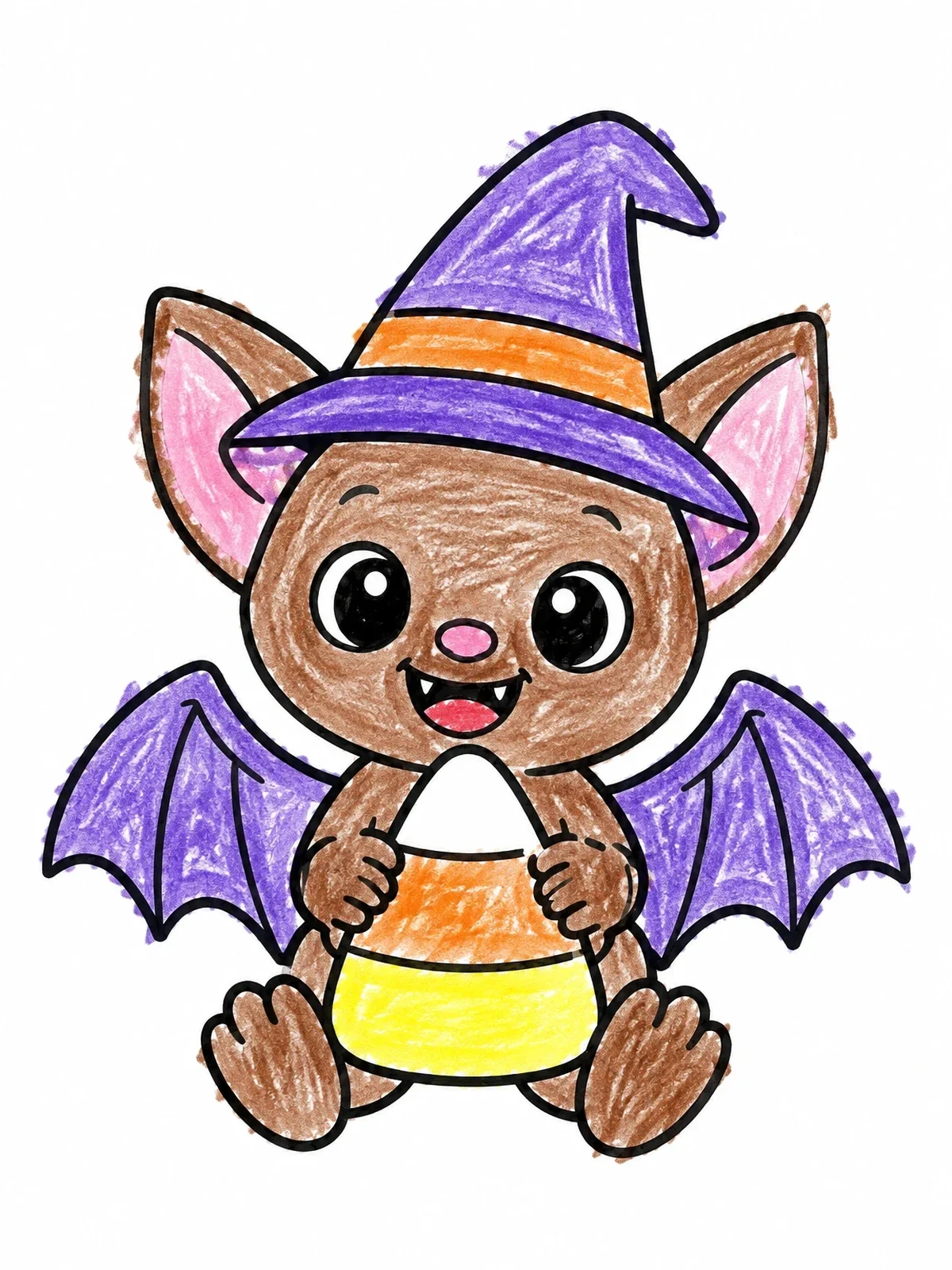 Colored example of the Cute Baby Bat With Witch Hat coloring page
