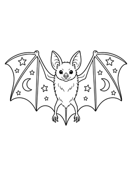 A decorative halloween bat coloring page featuring stars and crescent moons on wings.