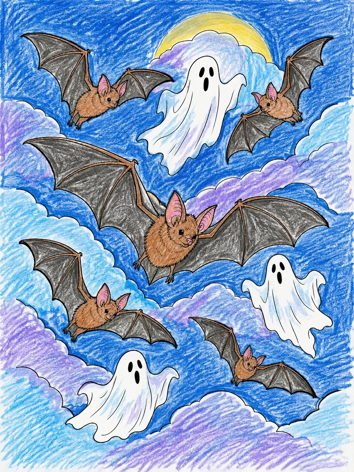 Colored example of the Bats And Floating Ghosts In Night Sky coloring page