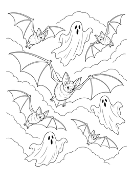Bats and Floating Ghosts in Night Sky coloring page
