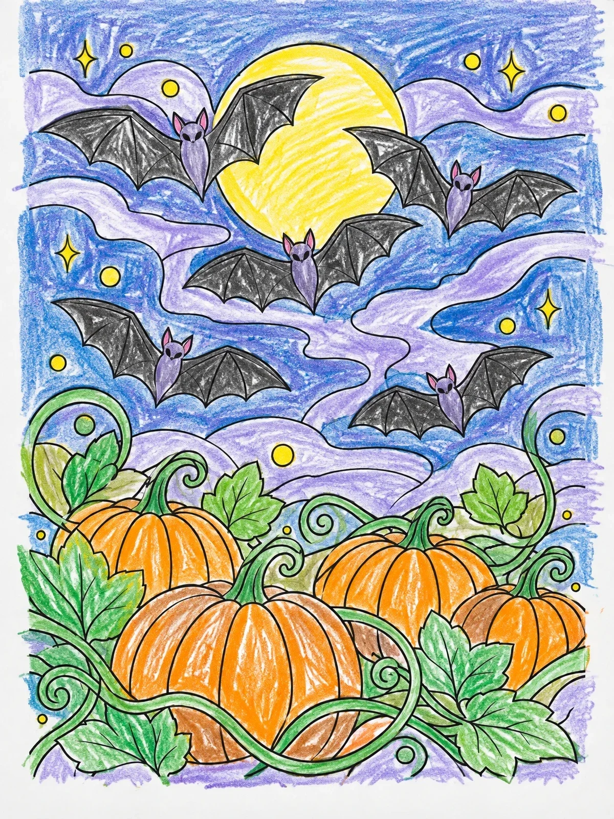 Colored example of the Bats Fluttering Over Pumpkin Patch coloring page