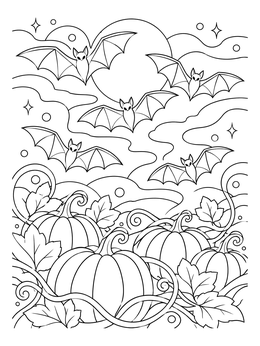 Five bats flying under a full moon in this halloween bat coloring page.