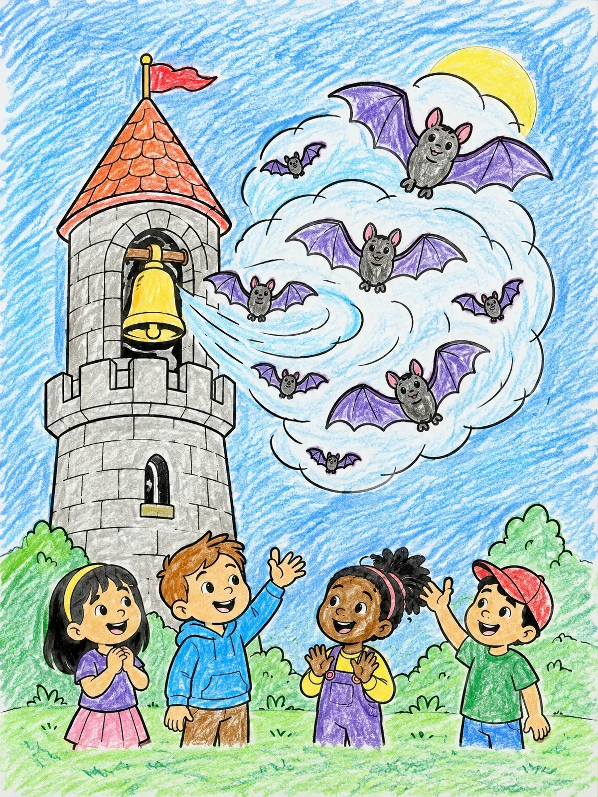 Colored example of the Bats Flying From Castle Belfry coloring page