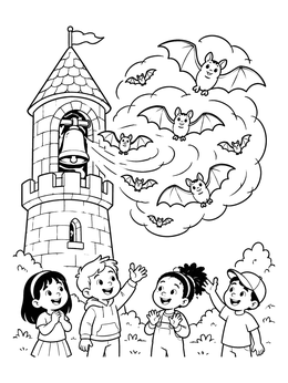 halloween bat coloring page with cute bats flying out of a bell tower above happy children