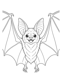A smiling halloween bat coloring page featuring detailed open wings.