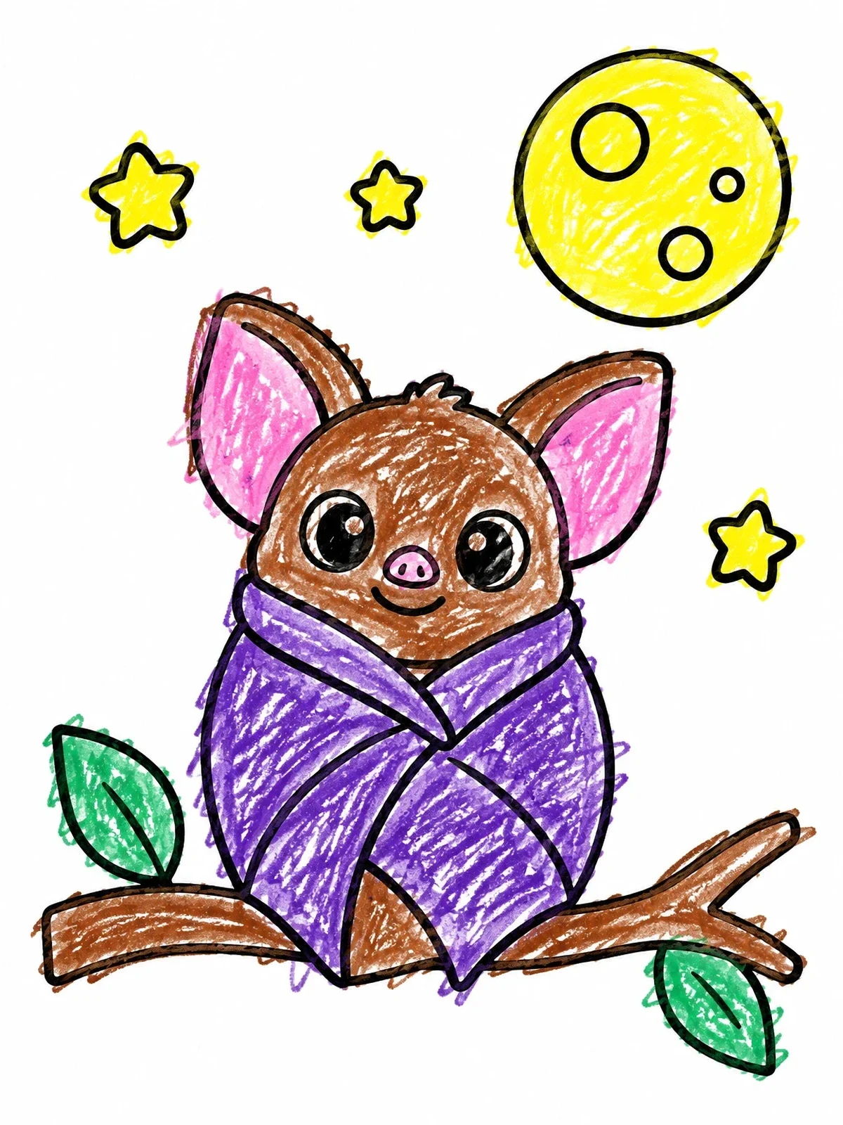 Colored example of the Cozy Little Bat Under The Moon coloring page