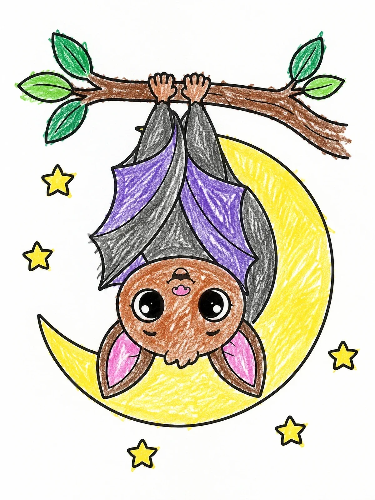 Colored example of the Cute Baby Bat On Branch coloring page