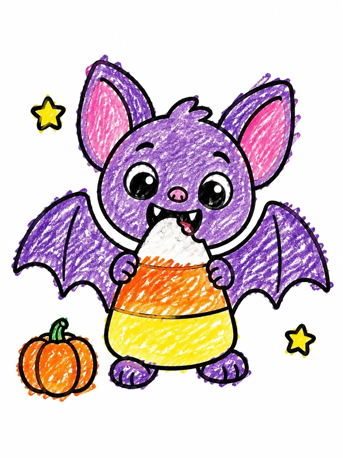 Colored example of the Cute Bat Nibbling Candy Corn coloring page
