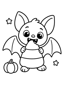 A sweet halloween bat coloring page featuring a tiny bat eating candy corn next to a pumpkin.