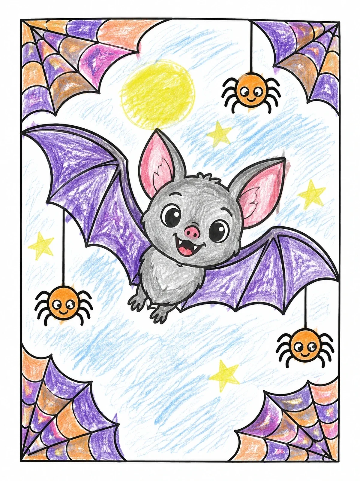 Colored example of the Cute Bat Flying With Spiders coloring page