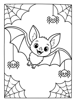 Free printable Cute Bat Flying With Spiders coloring page