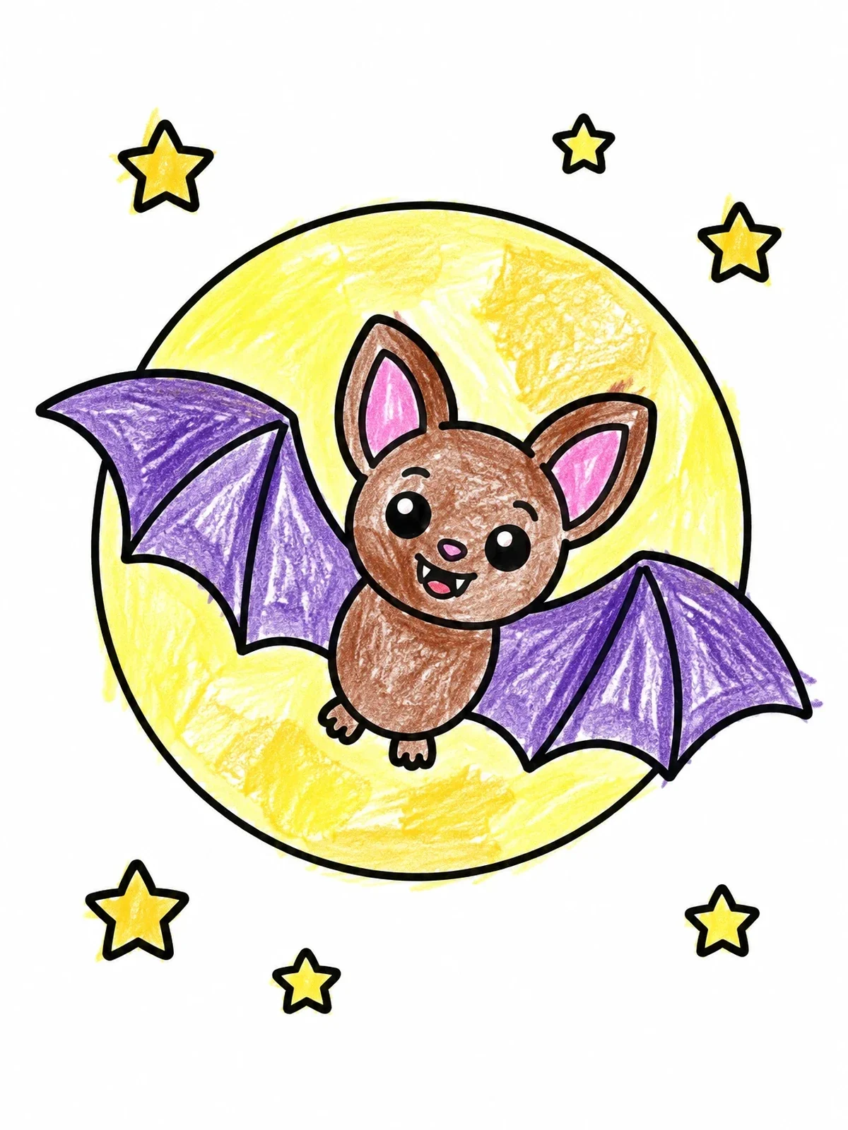 Colored example of the Cute Bat Flying Under Moon coloring page