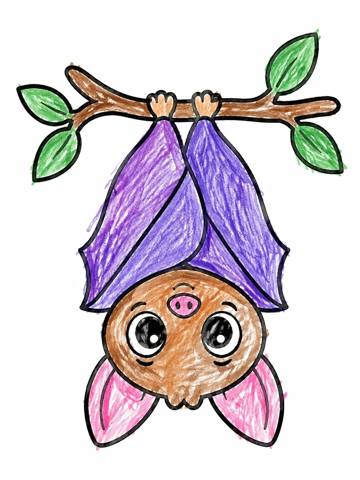 Colored example of the Cute Bat Hanging Upside Down coloring page