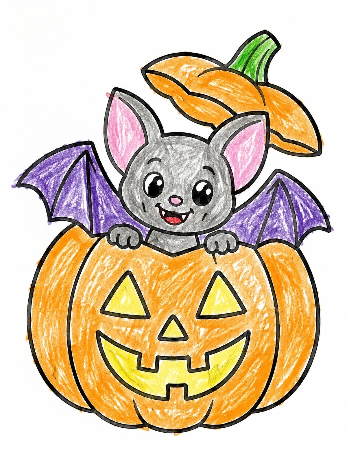 Colored example of the Cute Bat Inside Jack O' Lantern coloring page