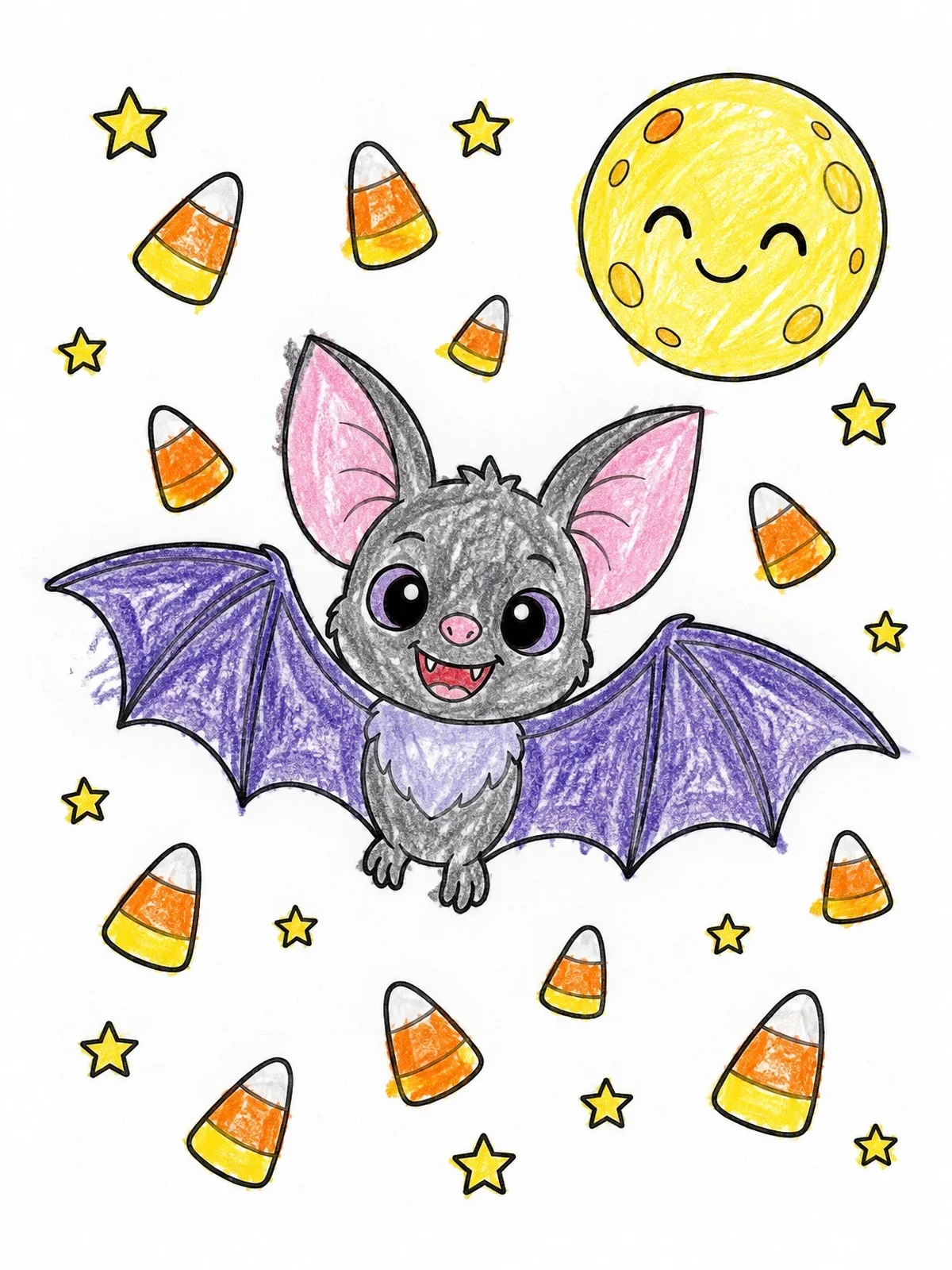 Colored example of the Cute Bat With Moon And Candy coloring page