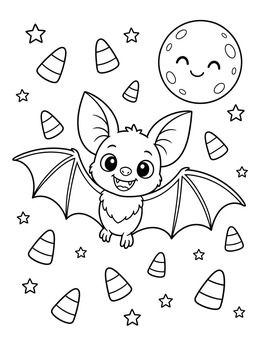 A cheerful halloween bat coloring page with falling candy corn, little stars, and a smiling full moon.