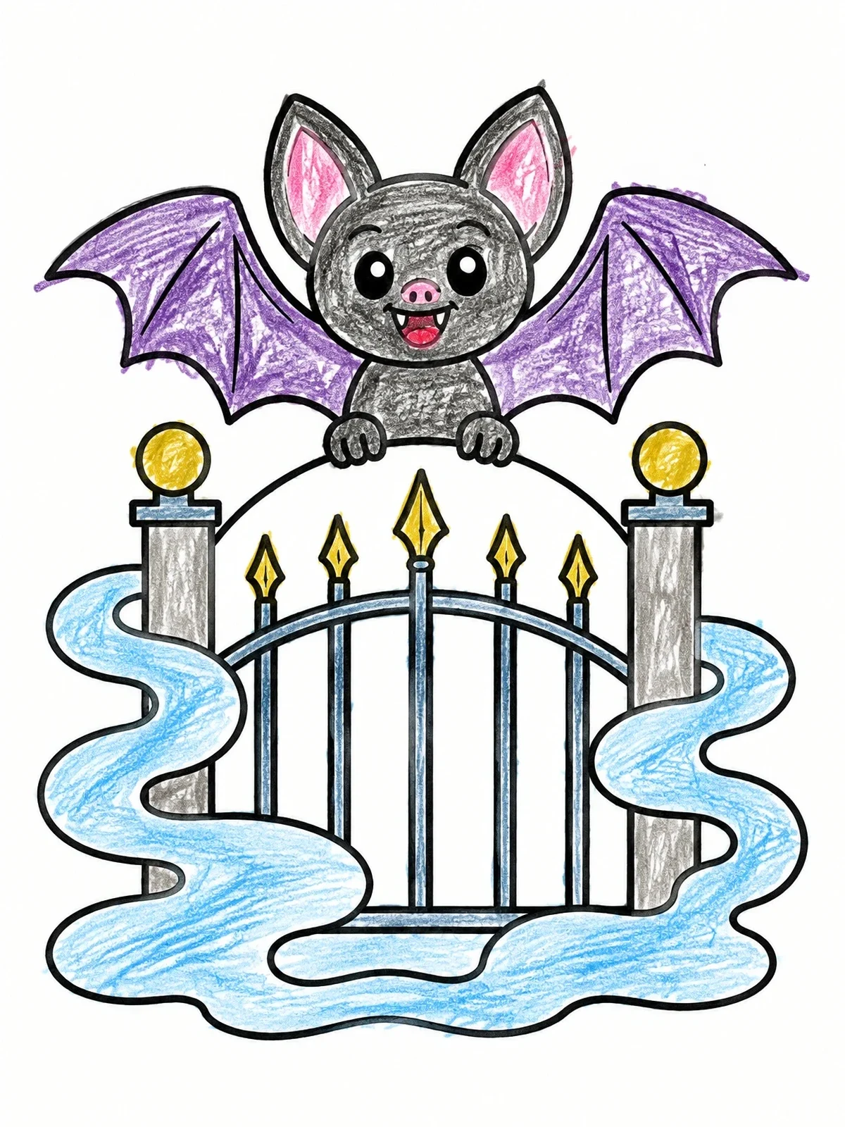 Colored example of the Cute Bat On Cemetery Gate coloring page