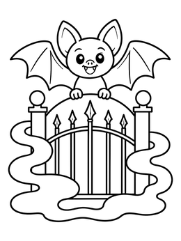 A halloween bat coloring page of a smiling little bat sitting atop an iron gate wrapped in fog.
