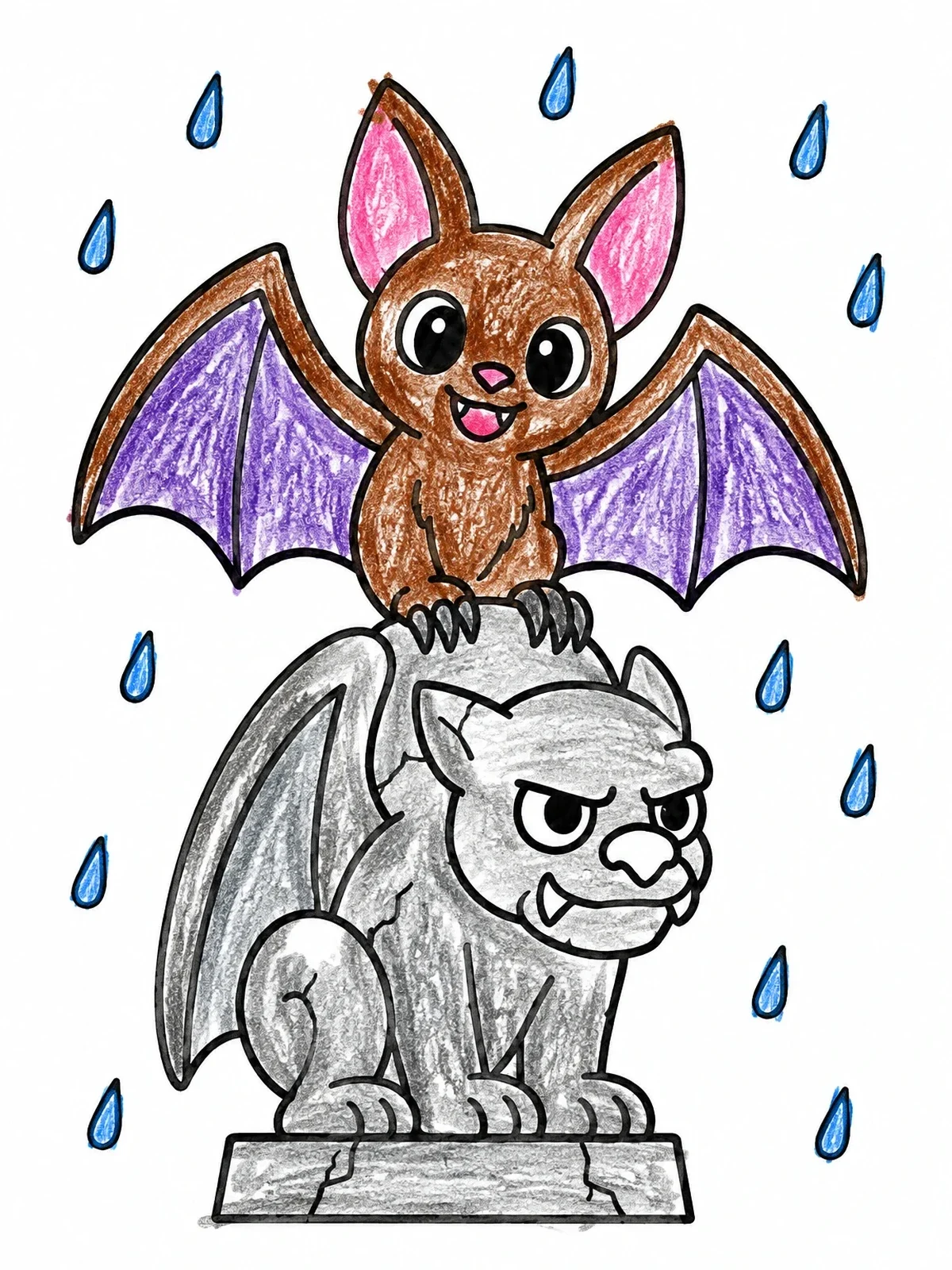 Colored example of the Cute Bat On A Stone Gargoyle coloring page