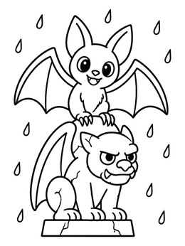 A friendly bat perched on a stone gargoyle in this halloween bat coloring page.