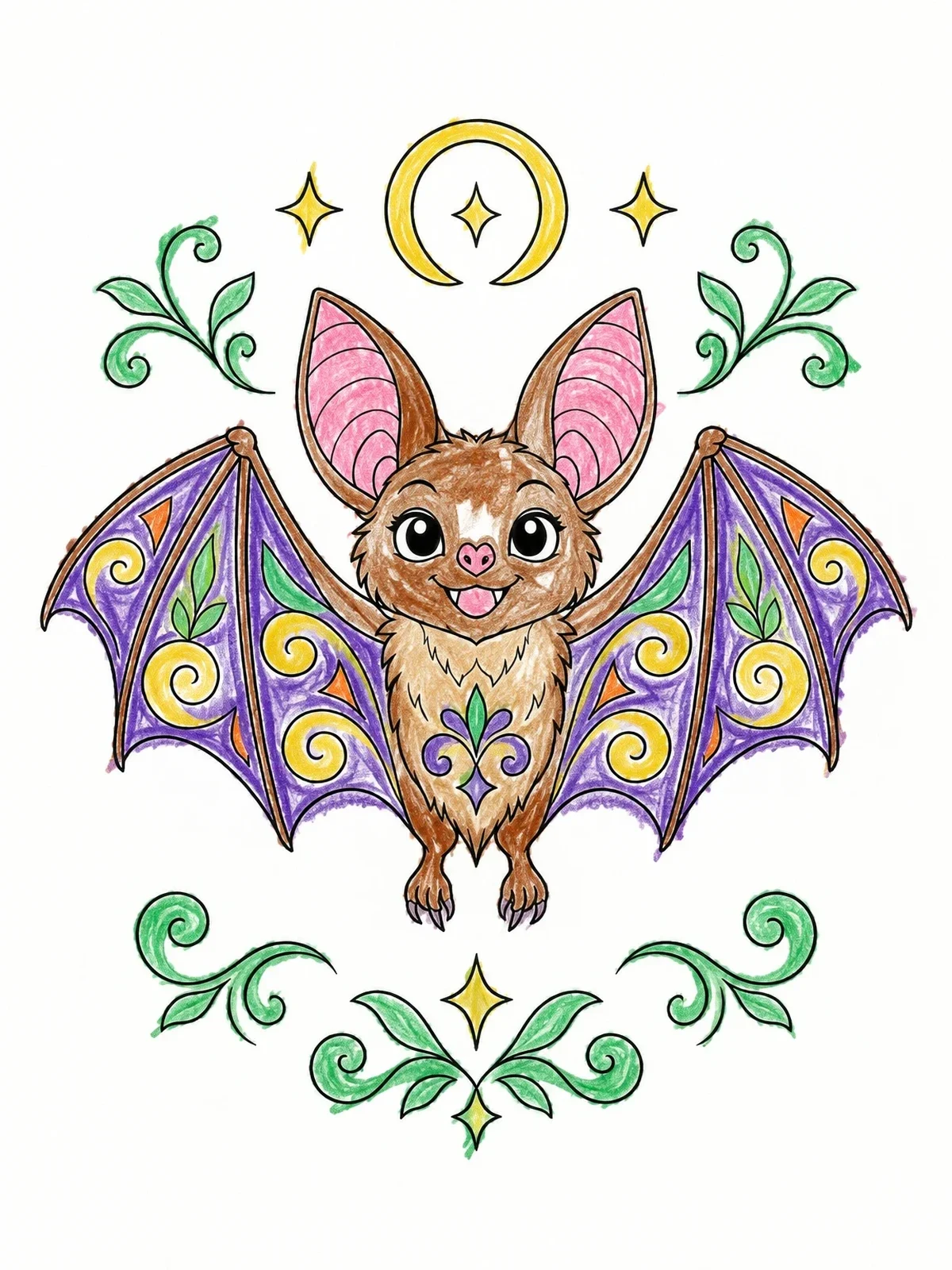 Colored example of the Cute Bat With Ornamental Wings coloring page