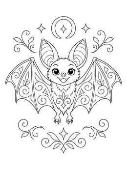 A smiling halloween bat coloring page with decorative swirls and moon accents.