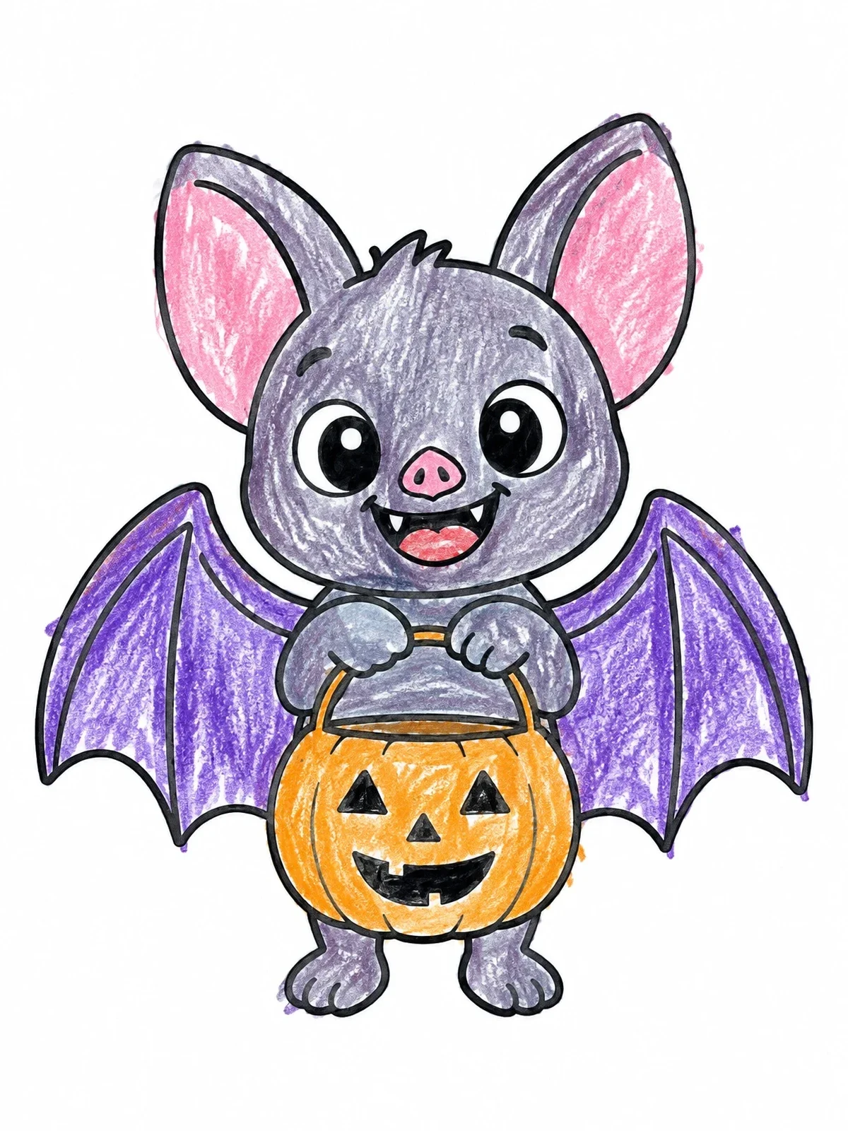 Colored example of the Cute Bat With Pumpkin Bucket coloring page