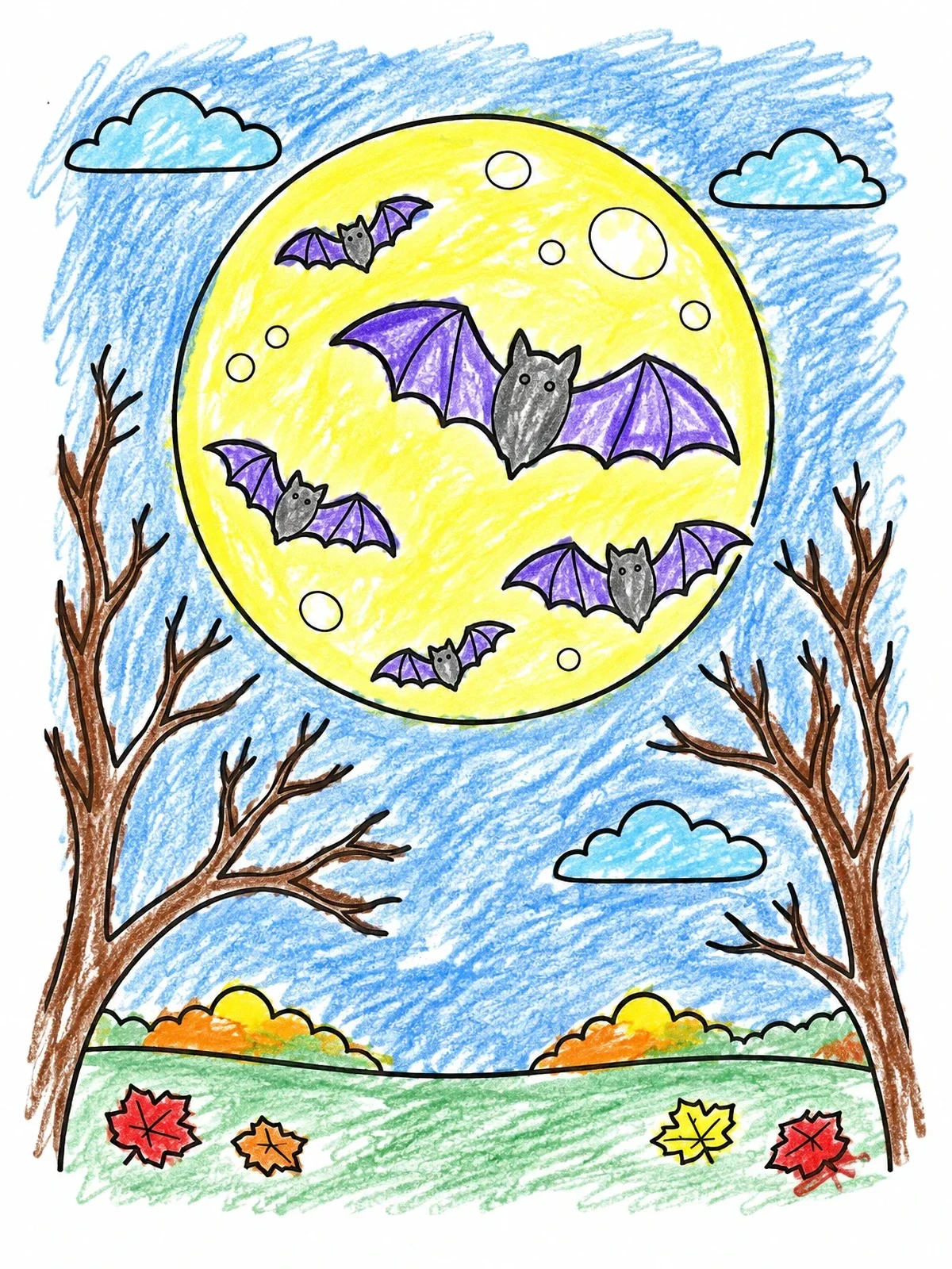 Colored example of the Cute Bats Flying Past The Full Moon coloring page