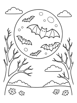 A halloween bat coloring page featuring cute bats flying across a giant full moon over bare trees.