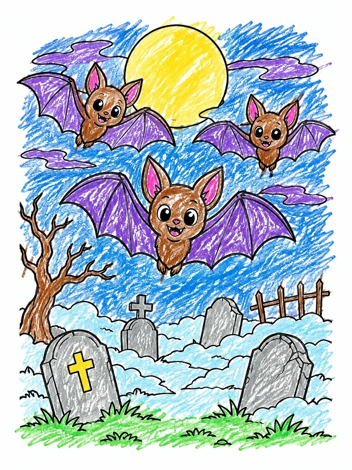 Colored example of the Cute Bats Flying Over Graveyard coloring page