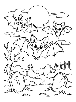 Three cheerful bats flutter over tombstones in this halloween bat coloring page.