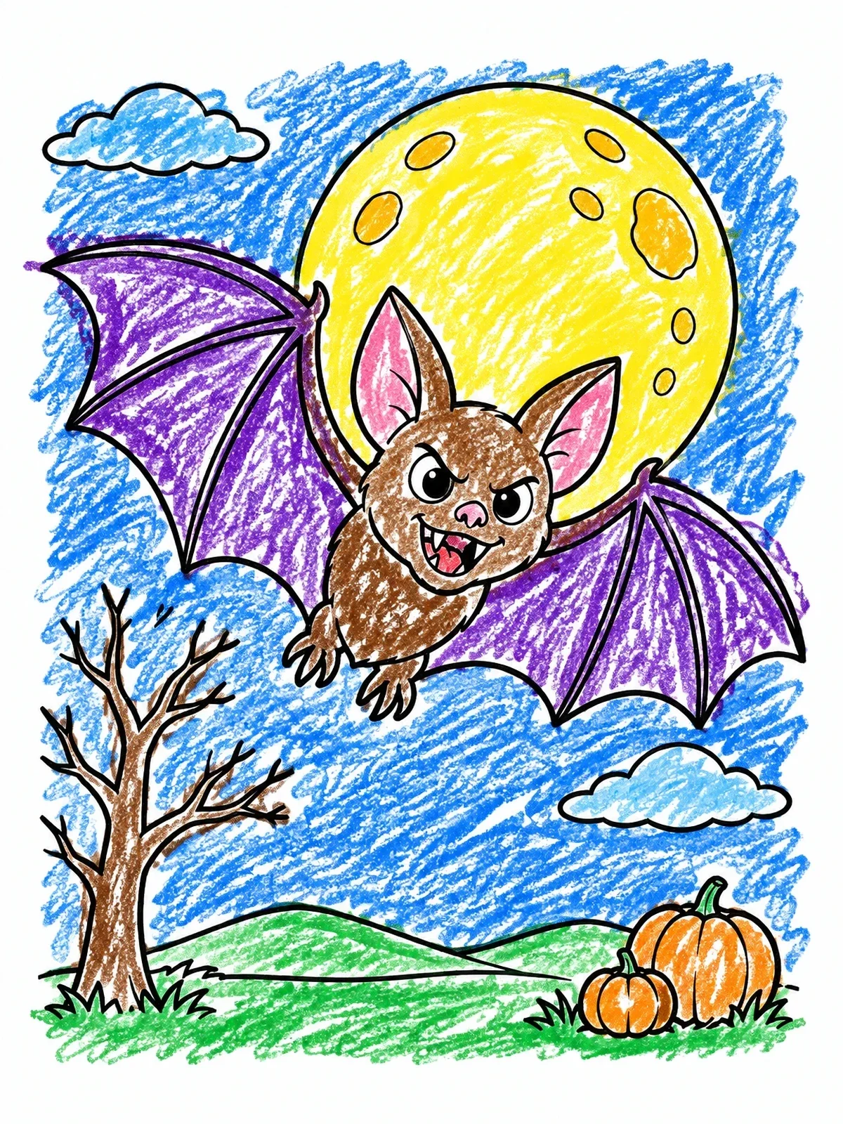 Colored example of the Halloween Bat Flying By Full Moon coloring page