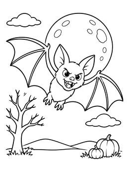 A halloween bat coloring page featuring a cute flying bat, glowing full moon, and pumpkins.