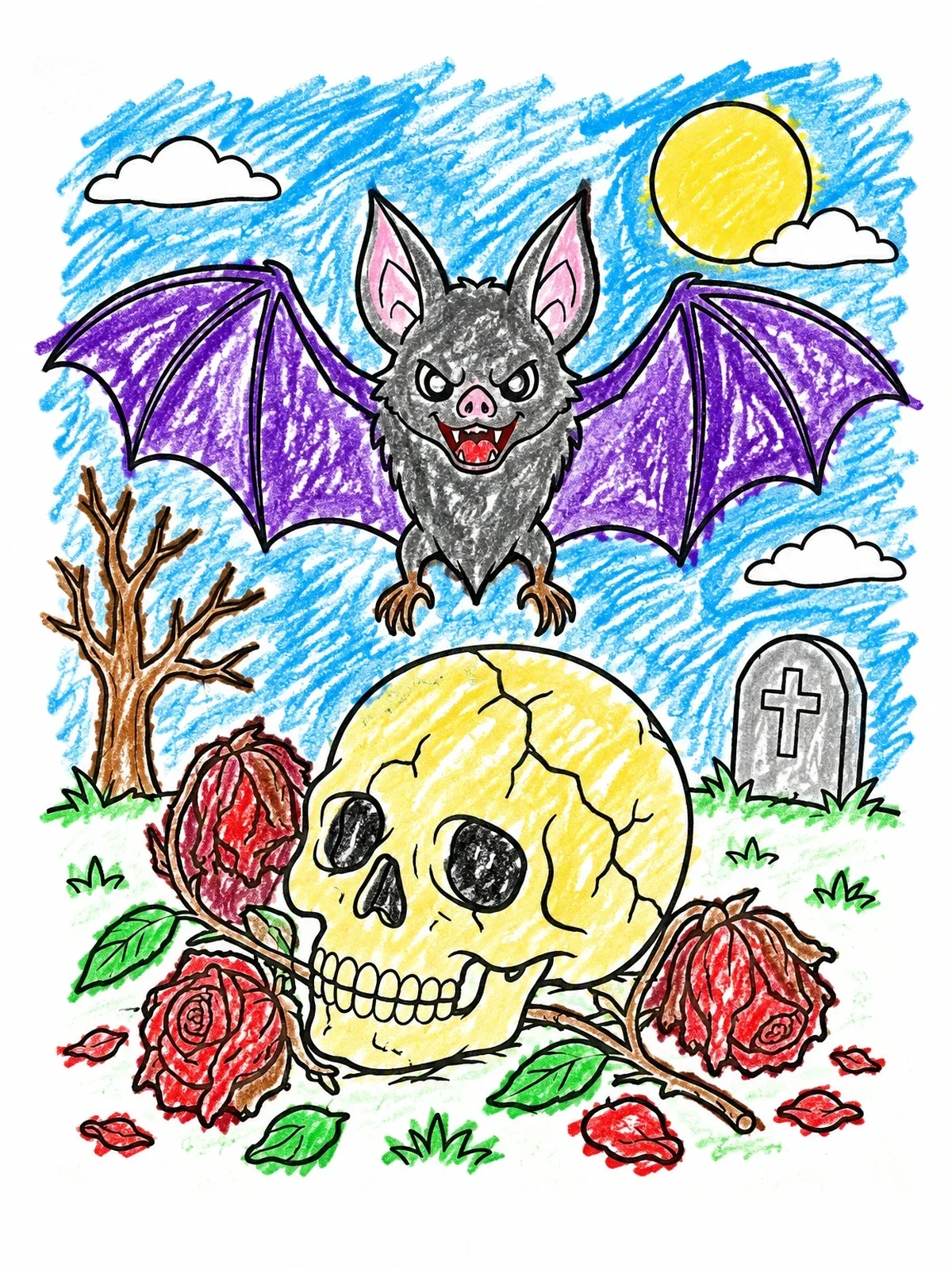 Colored example of the Halloween Bat Flying Over Skull coloring page