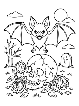 A halloween bat coloring page featuring a bat flying over a cracked skull and roses.