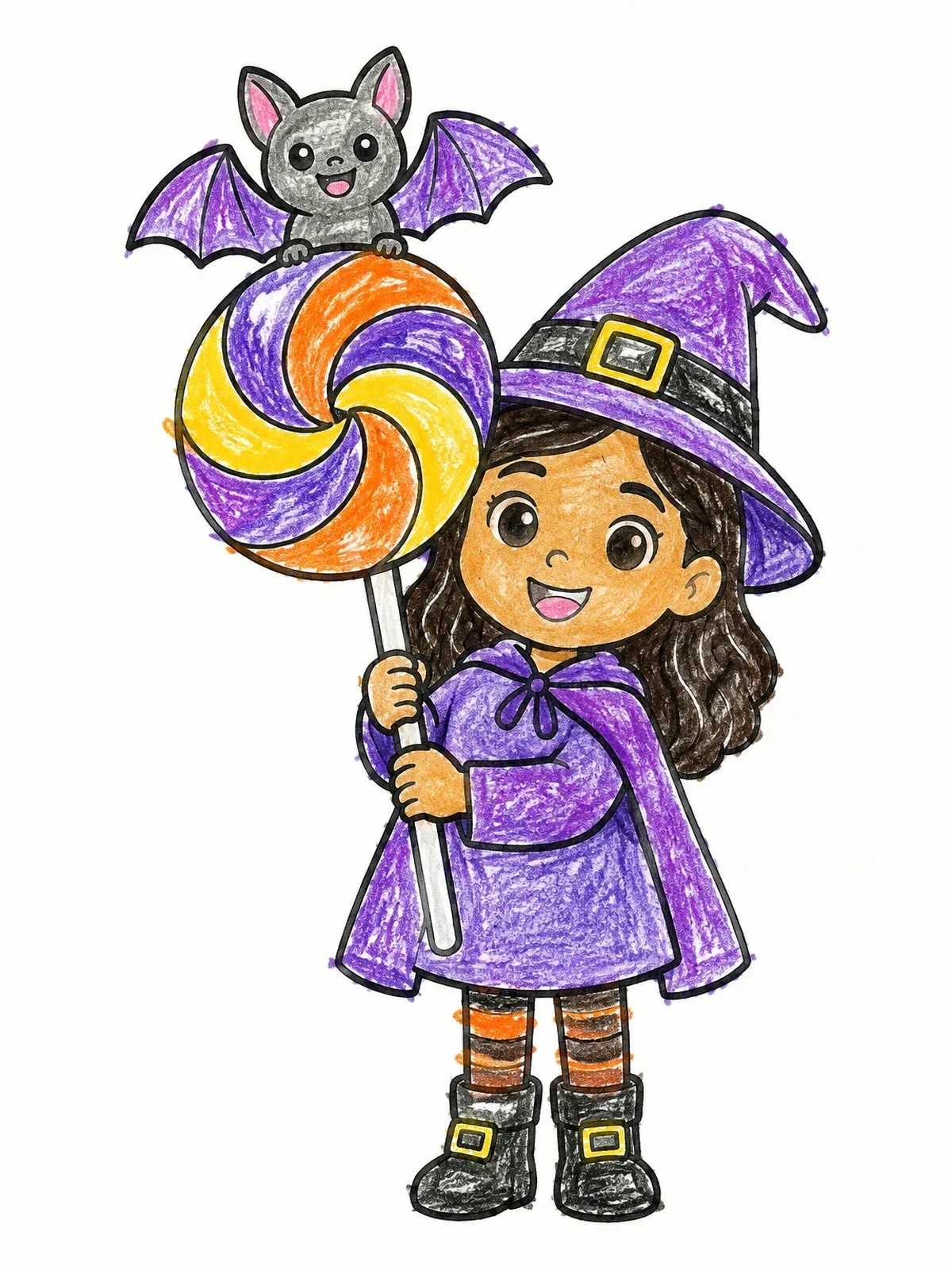 Colored example of the Little Witch With Bat And Lollipop coloring page