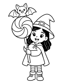 Free printable Little Witch With Bat And Lollipop coloring page