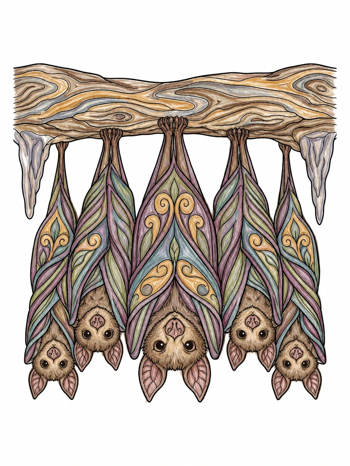 Colored example of the Roosting Bats Hanging In Cave coloring page