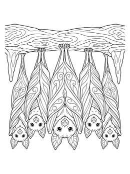 A detailed halloween bat coloring page featuring five roosting bats hanging upside down from a cave beam.