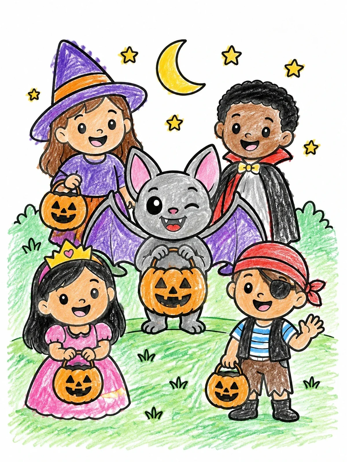 Colored example of the Trick Or Treating With Cute Bat coloring page