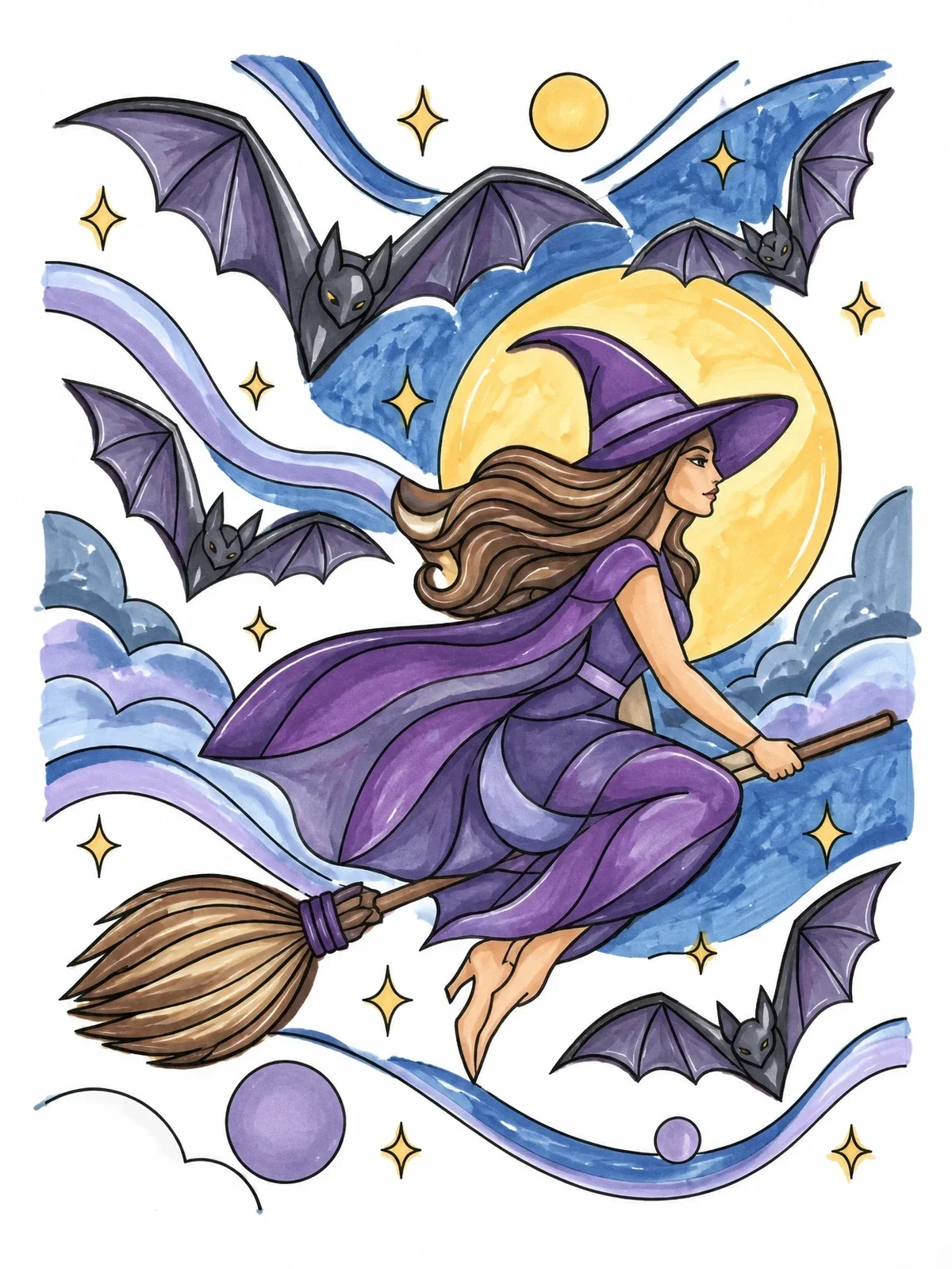 Colored example of the Witch Flying With Bats Under The Moon coloring page